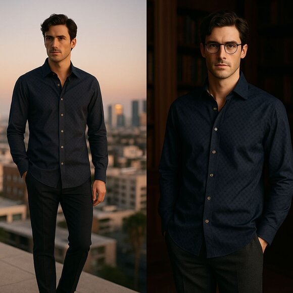 Bogosse Men’s Button Down Shirt Navy 6 Quiet Luxury Dark Academia Minimalist - Picture 2 of 13